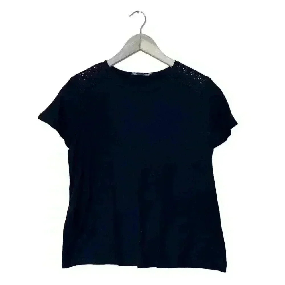 Ladies T Shirt Primark Size M Short Sleeves Black Eyelet Shoulders